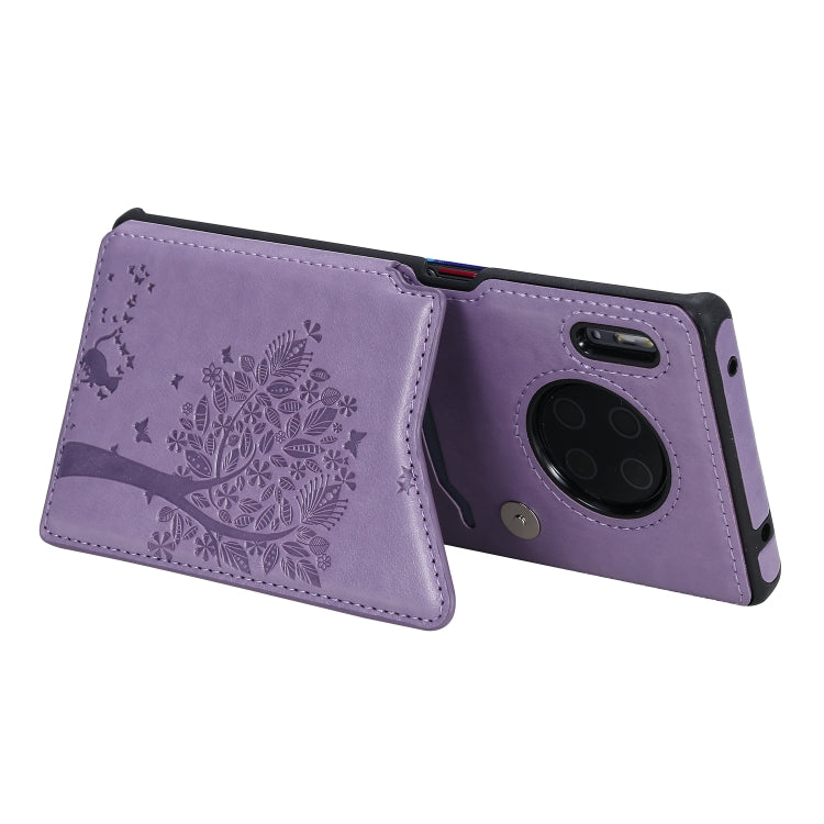 For Huawei Mate30 Pro Cat Tree Embossing Pattern Shockproof Protective Case with Card Slots & Photo Frame