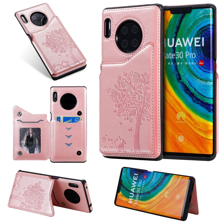 For Huawei Mate30 Pro Cat Tree Embossing Pattern Shockproof Protective Case with Card Slots & Photo Frame