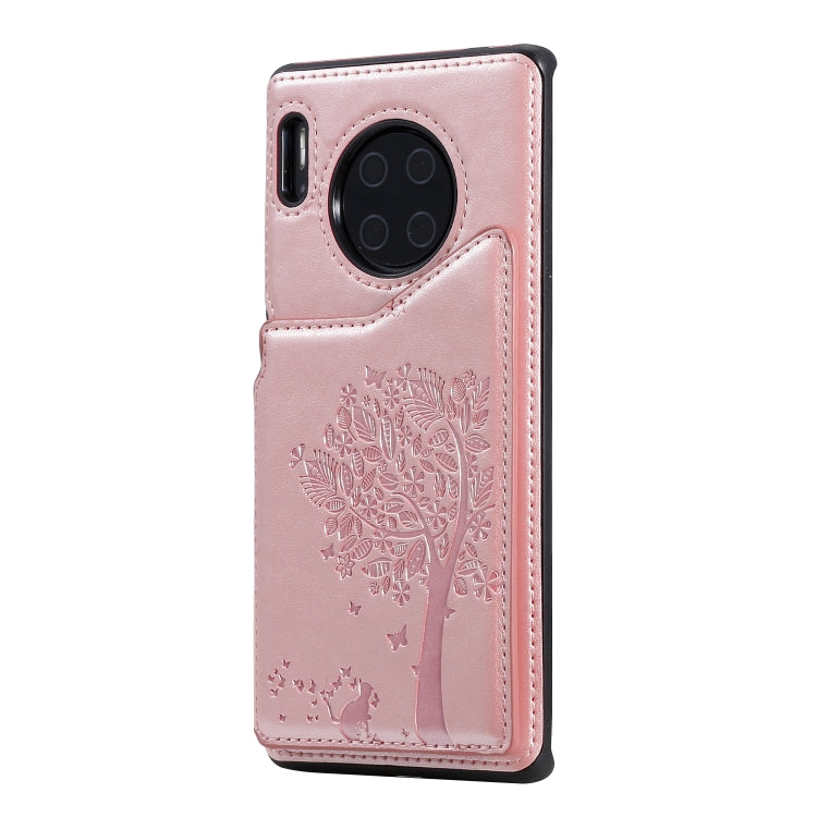 For Huawei Mate30 Pro Cat Tree Embossing Pattern Shockproof Protective Case with Card Slots & Photo Frame