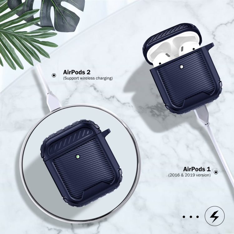 Leather Texture Anti-scratch Anti-full Earphone Protective Case with Hook For AirPods 1 / 2