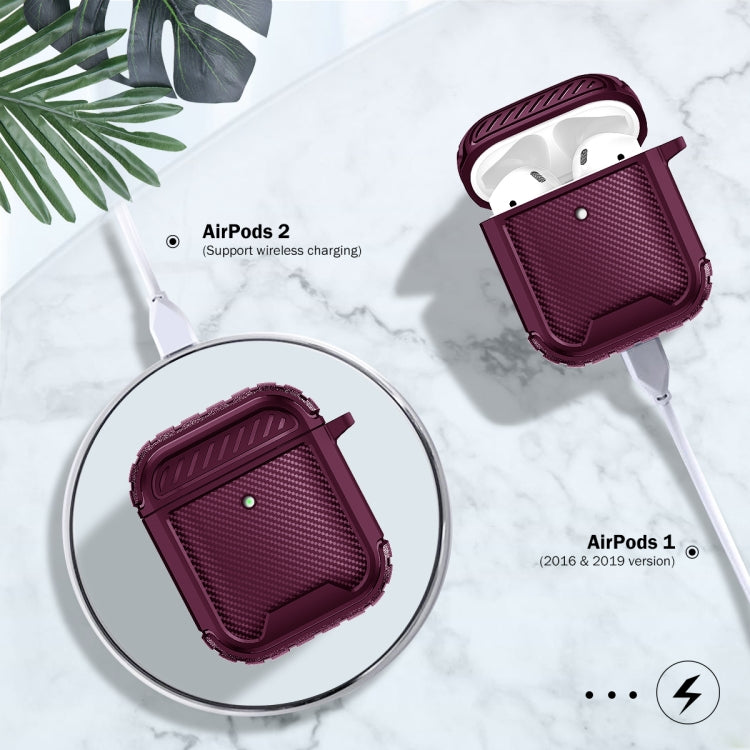 Leather Texture Anti-scratch Anti-full Earphone Protective Case with Hook For AirPods 1 / 2