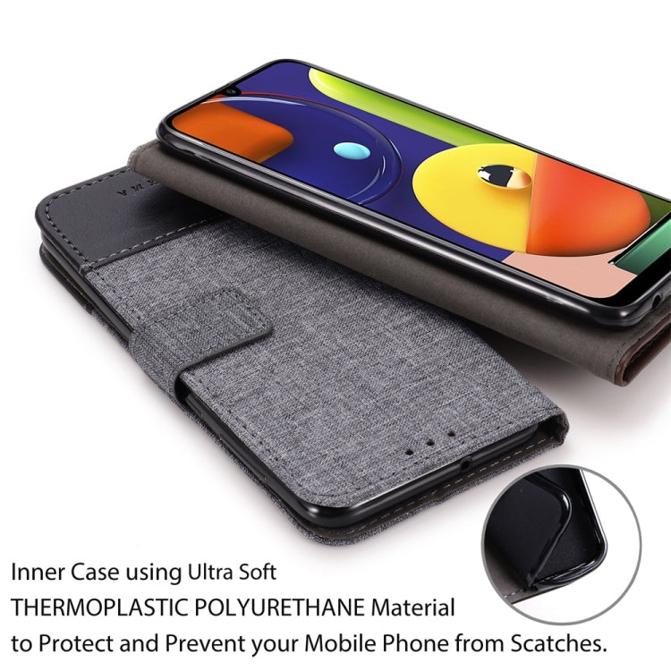 For Galaxy A50s MUMXA MX102 Horizontal Flip Canvas Stitching Leather Case with Holder & Card Slots & Wallet