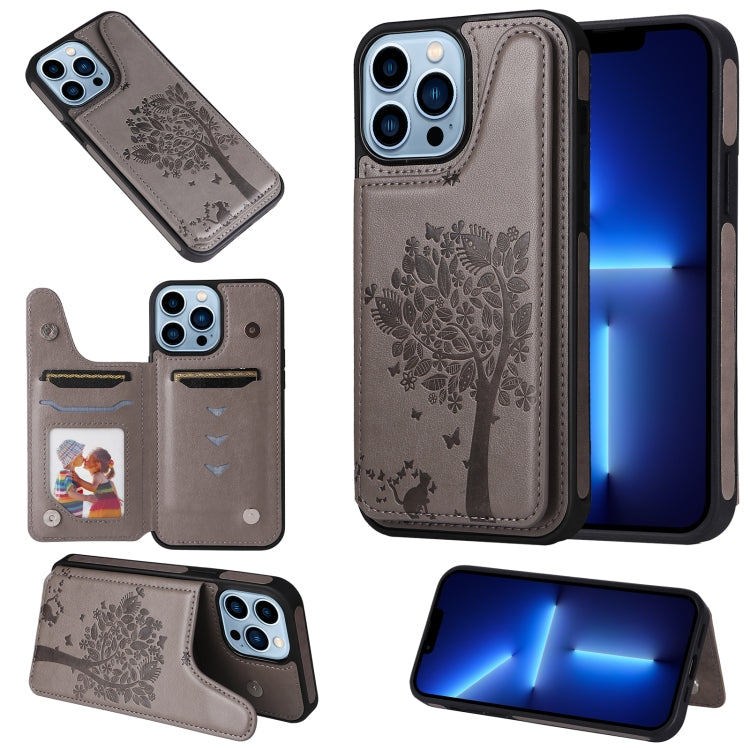 For iPhone 13 Pro Max Cat Tree Embossing Pattern Shockproof Phone Case