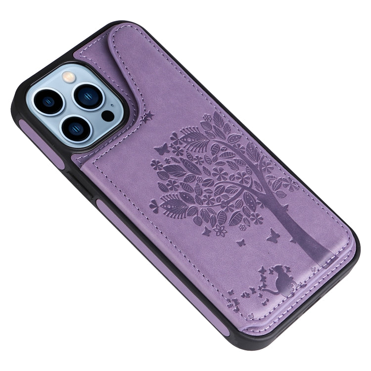 For iPhone 13 Pro Max Cat Tree Embossing Pattern Shockproof Phone Case