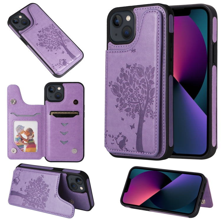 For iPhone 13 mini Cat Tree Embossing Pattern Shockproof Phone Case