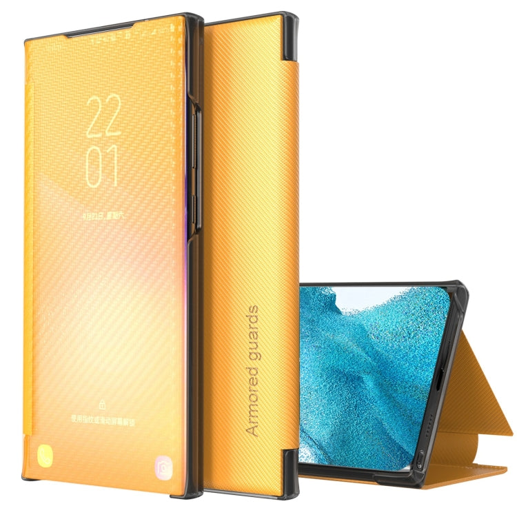For Samsung Galaxy S22 5G Carbon Fiber View Time Leather Phone Case