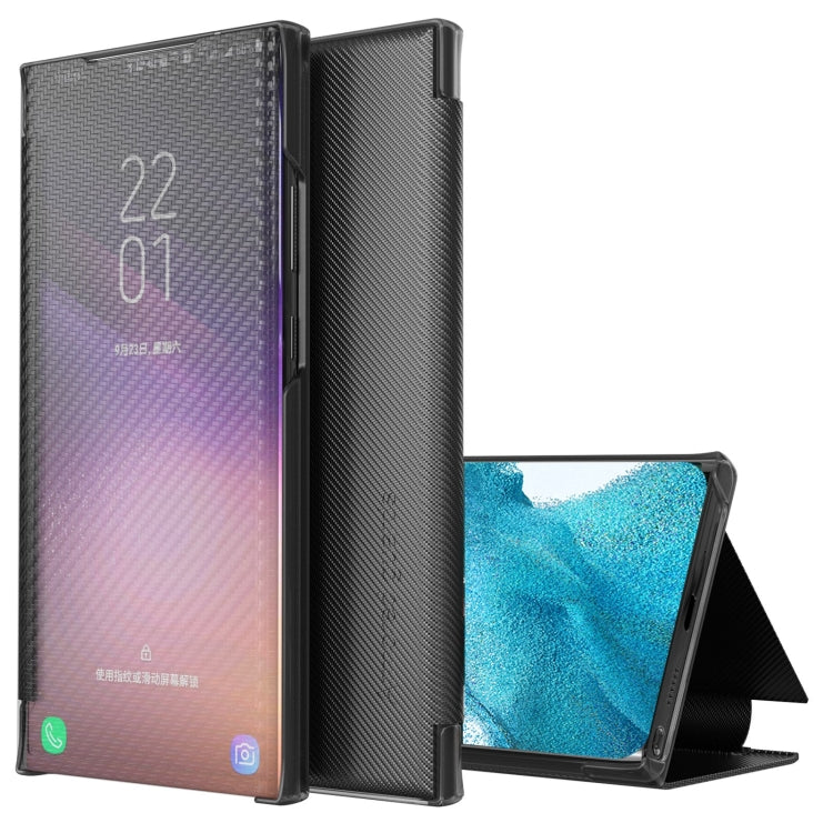 For Samsung Galaxy S22 5G Carbon Fiber View Time Leather Phone Case