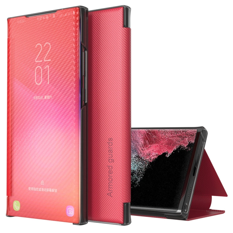 For Samsung Galaxy S22 Ultra 5G Carbon Fiber View Time Leather Phone Case