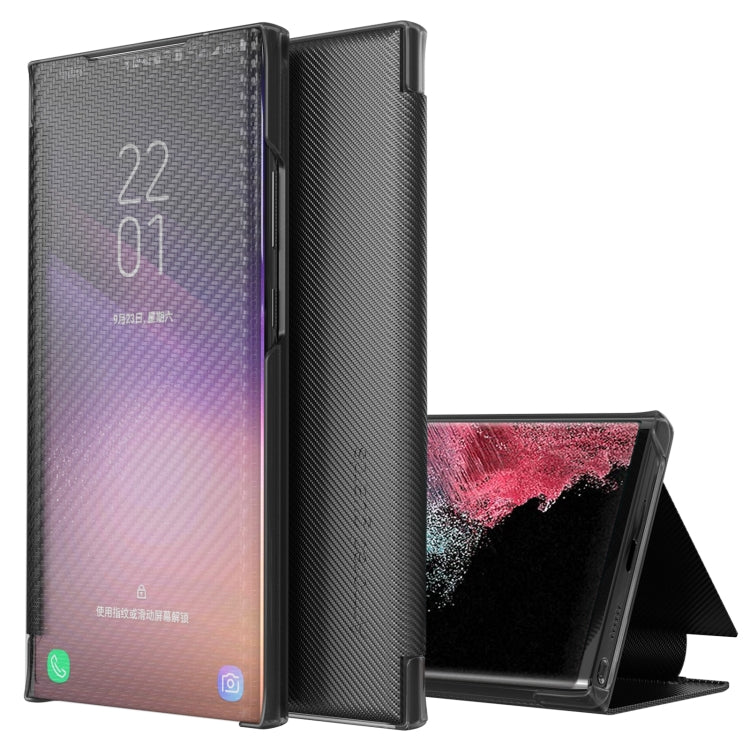 For Samsung Galaxy S22 Ultra 5G Carbon Fiber View Time Leather Phone Case