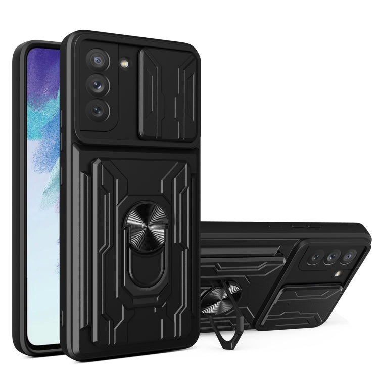 For Samsung Galaxy S21 FE 5G Camera Cover Phone Case with Card Slot & Holder