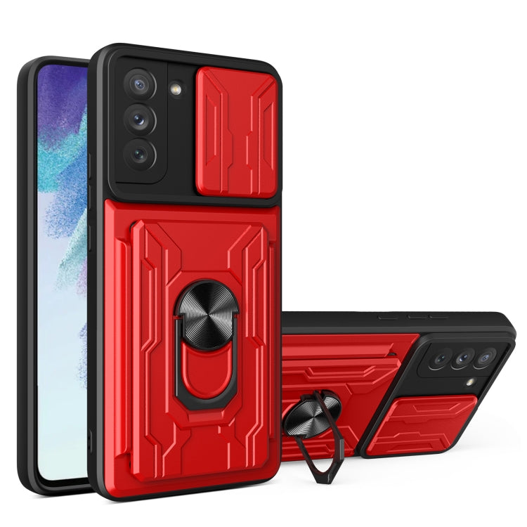 For Samsung Galaxy S21 FE 5G Camera Cover Phone Case with Card Slot & Holder
