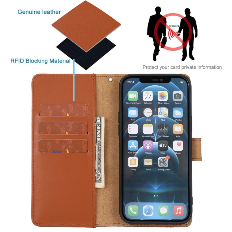 For iPhone 13 mini Plain Weave Cowhide Genuine Leather Phone Case