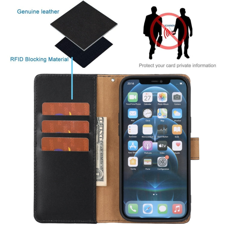 For iPhone 12 Pro Max Plain Weave Cowhide Genuine Leather Phone Case