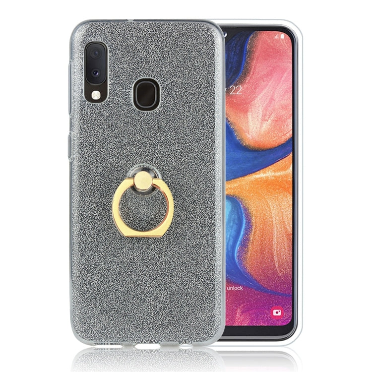 For Galaxy A20e Glittery Powder Shockproof TPU Protective Case with Ring Holder