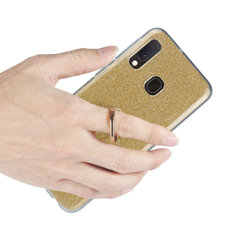 For Galaxy A20e Glittery Powder Shockproof TPU Protective Case with Ring Holder