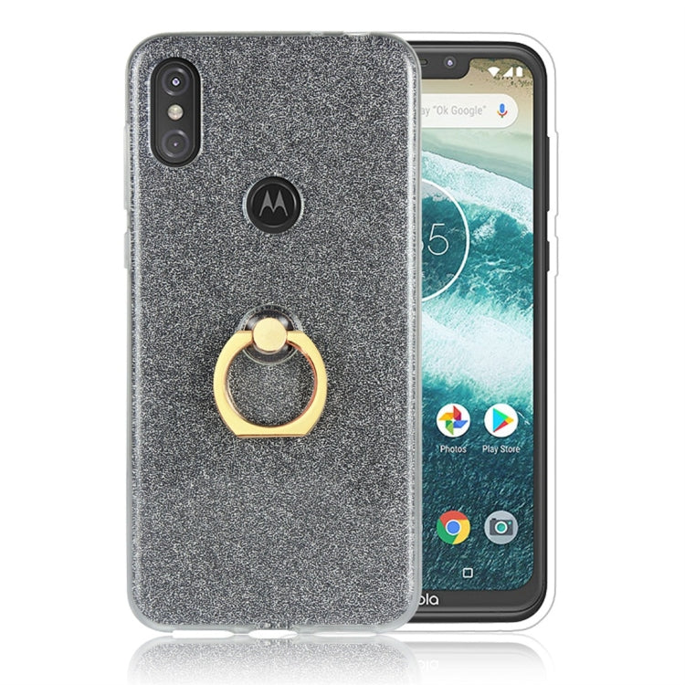 For Motorola Moto One Power Glittery Powder Shockproof TPU Protective Case with Ring Holder