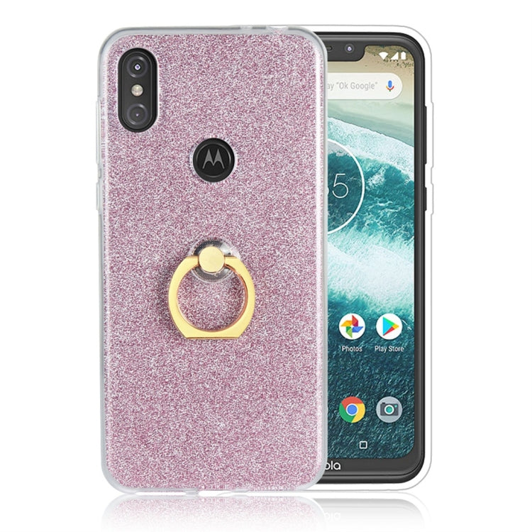 For Motorola Moto One Power Glittery Powder Shockproof TPU Protective Case with Ring Holder