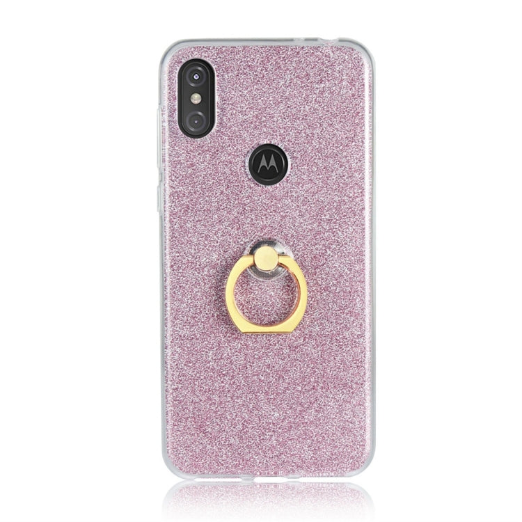 For Motorola Moto One Power Glittery Powder Shockproof TPU Protective Case with Ring Holder