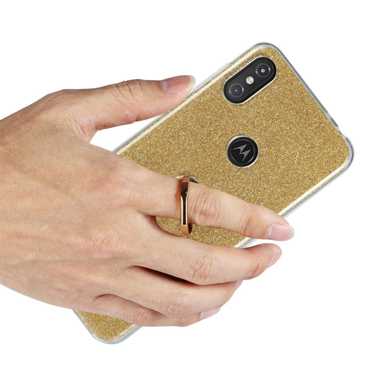 For Motorola Moto One Power Glittery Powder Shockproof TPU Protective Case with Ring Holder