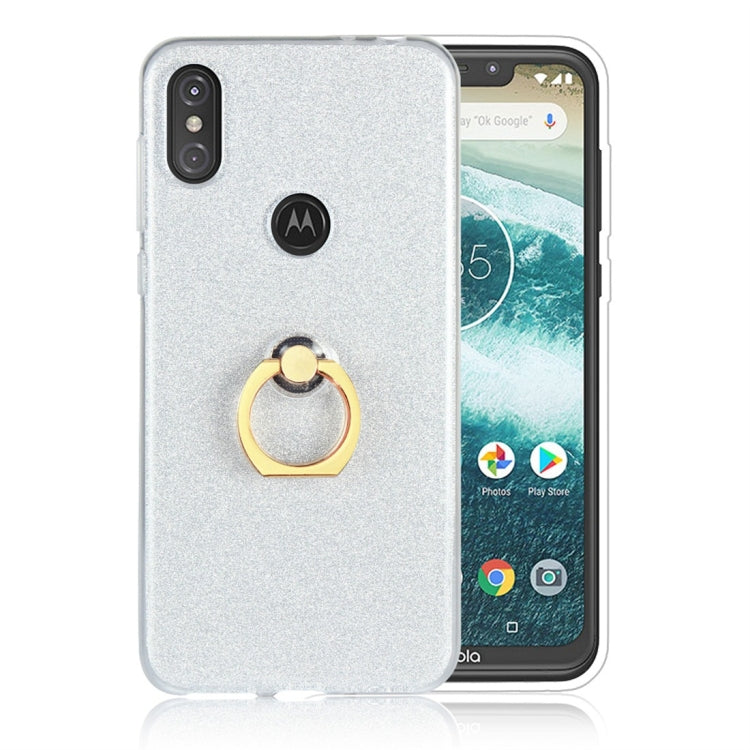 For Motorola Moto One Power Glittery Powder Shockproof TPU Protective Case with Ring Holder