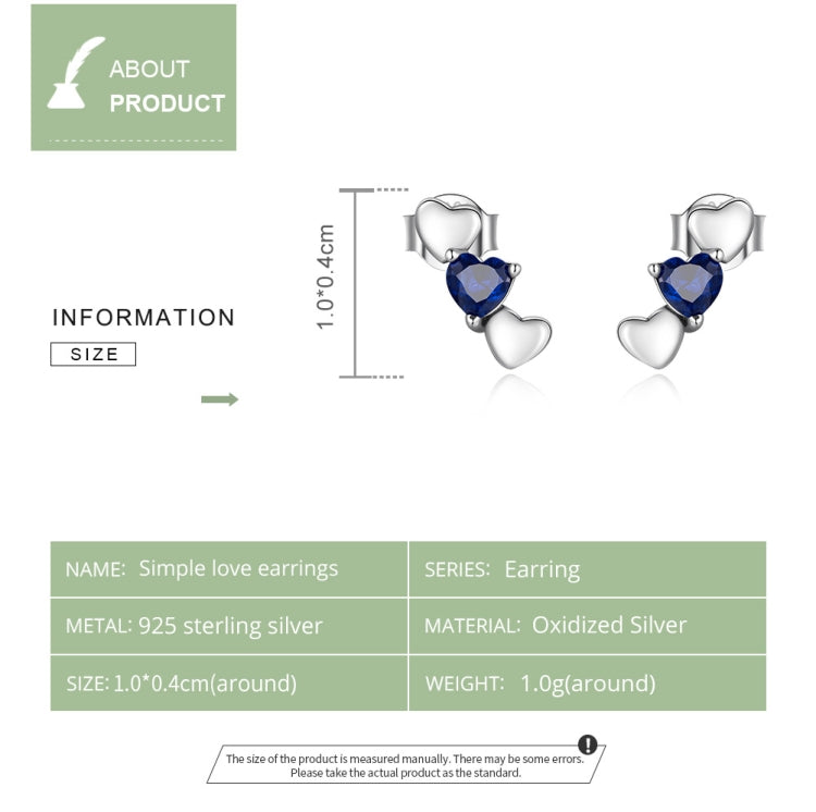 S925 Sterling Silver Blue Heart Zircon Ear Stud Women Earrings