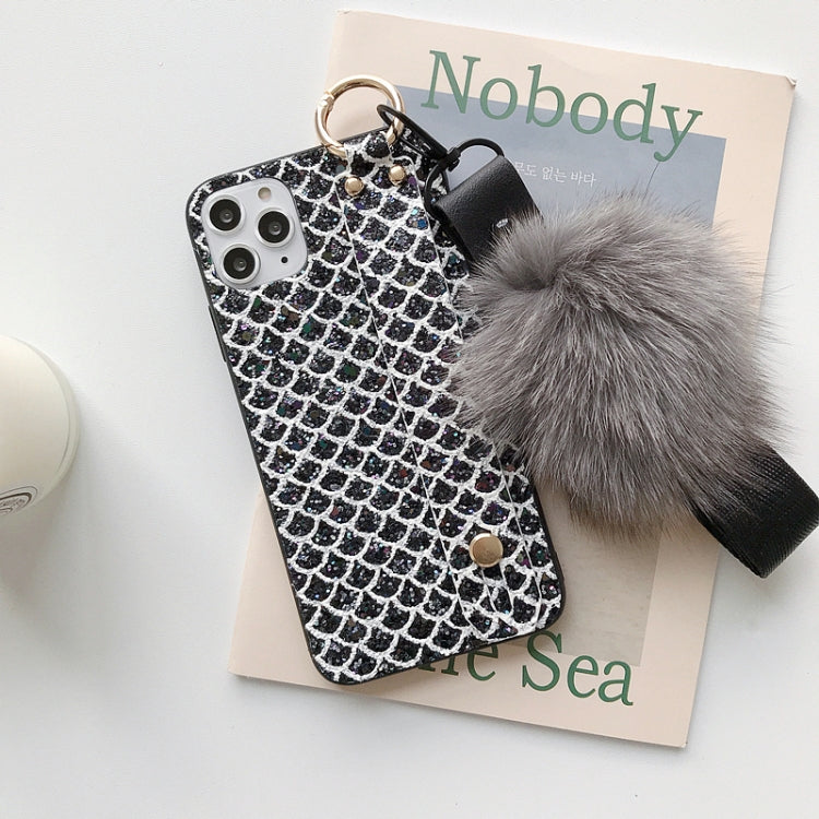 For iPhone 11 Pro Max Hairball Gem Pattern Glitter Powder TPU Case with Wristband