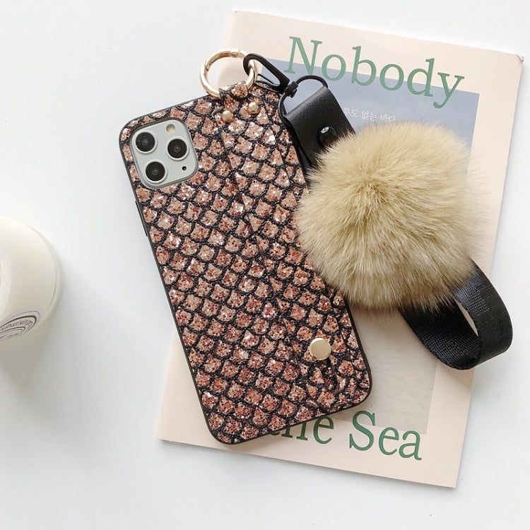 For iPhone 11 Pro Max Hairball Gem Pattern Glitter Powder TPU Case with Wristband