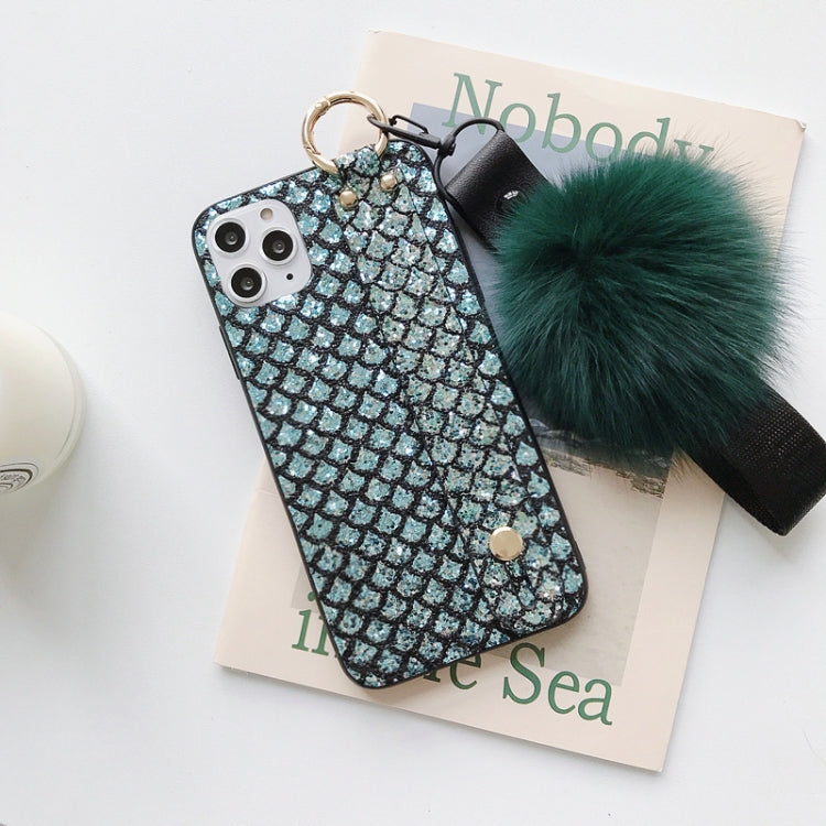 For iPhone 11 Hairball Gem Pattern Glitter Powder TPU Case with Wristband