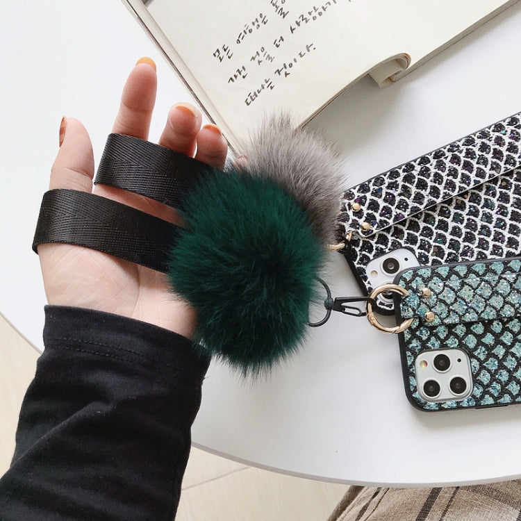 For iPhone 11 Hairball Gem Pattern Glitter Powder TPU Case with Wristband