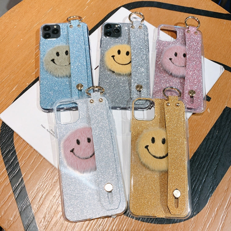 For iPhone 11 Pro Max Smiley Glitter Powder TPU Case with Wristband