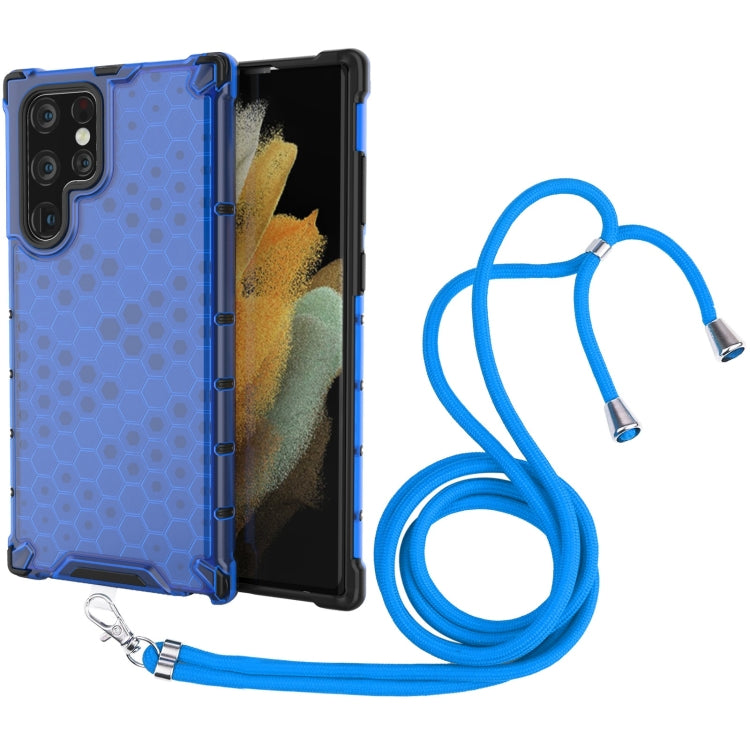 For Samsung Galaxy S22 Ultra 5G Lanyard Honeycomb PC + TPU Case