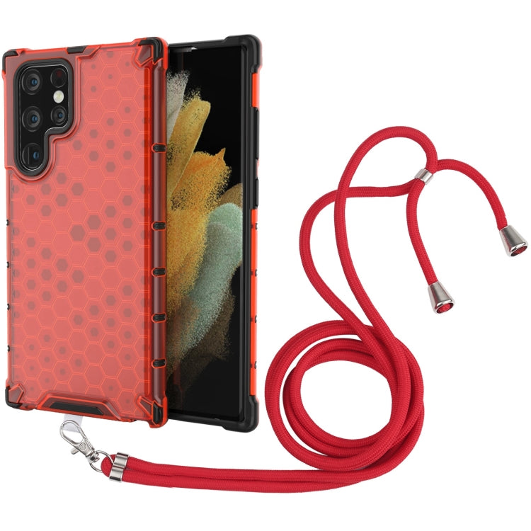 For Samsung Galaxy S22 Ultra 5G Lanyard Honeycomb PC + TPU Case