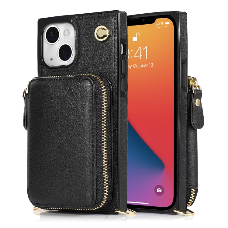 For iPhone 13 Cross-body Zipper Big Wallet Bag Square TPU + PU Back Phone Case with Holder