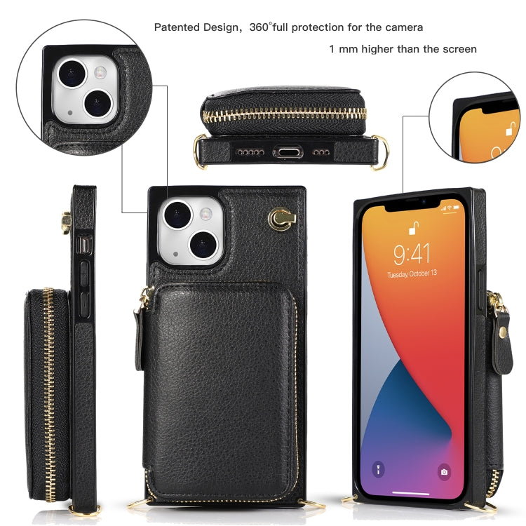 For iPhone 13 Cross-body Zipper Big Wallet Bag Square TPU + PU Back Phone Case with Holder