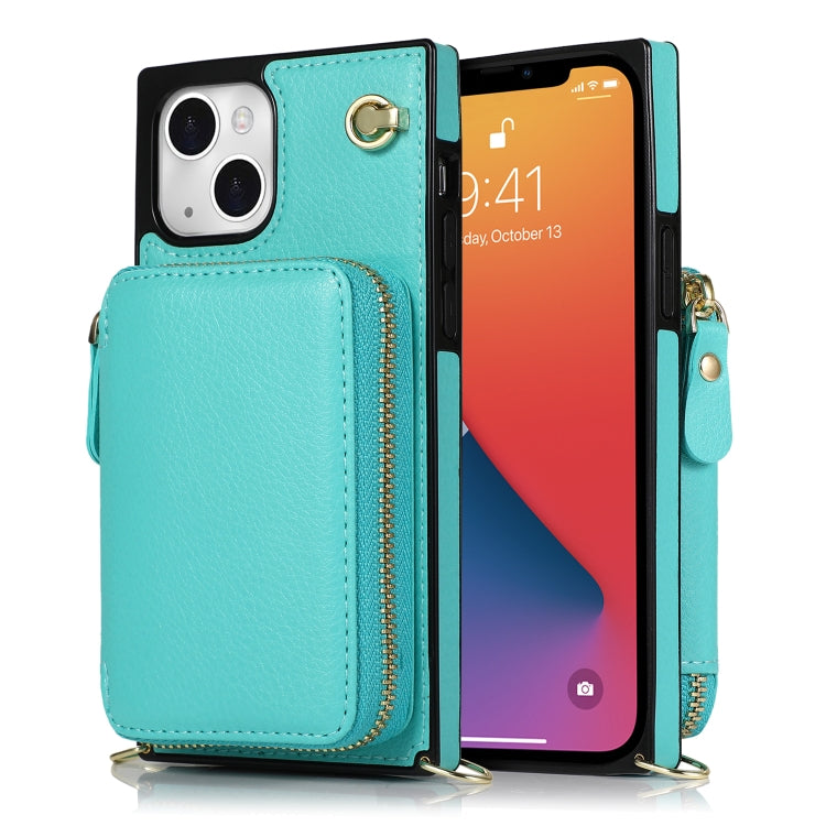 For iPhone 13 Cross-body Zipper Big Wallet Bag Square TPU + PU Back Phone Case with Holder
