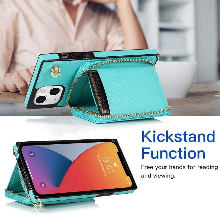 For iPhone 13 Cross-body Zipper Big Wallet Bag Square TPU + PU Back Phone Case with Holder