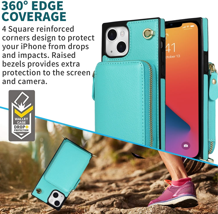 For iPhone 13 Cross-body Zipper Big Wallet Bag Square TPU + PU Back Phone Case with Holder