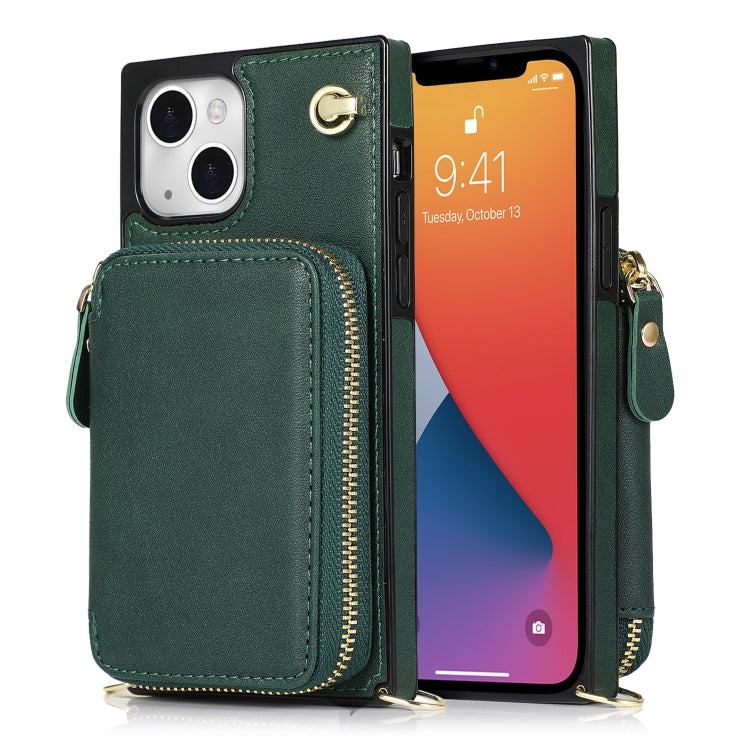 For iPhone 13 Cross-body Zipper Big Wallet Bag Square TPU + PU Back Phone Case with Holder