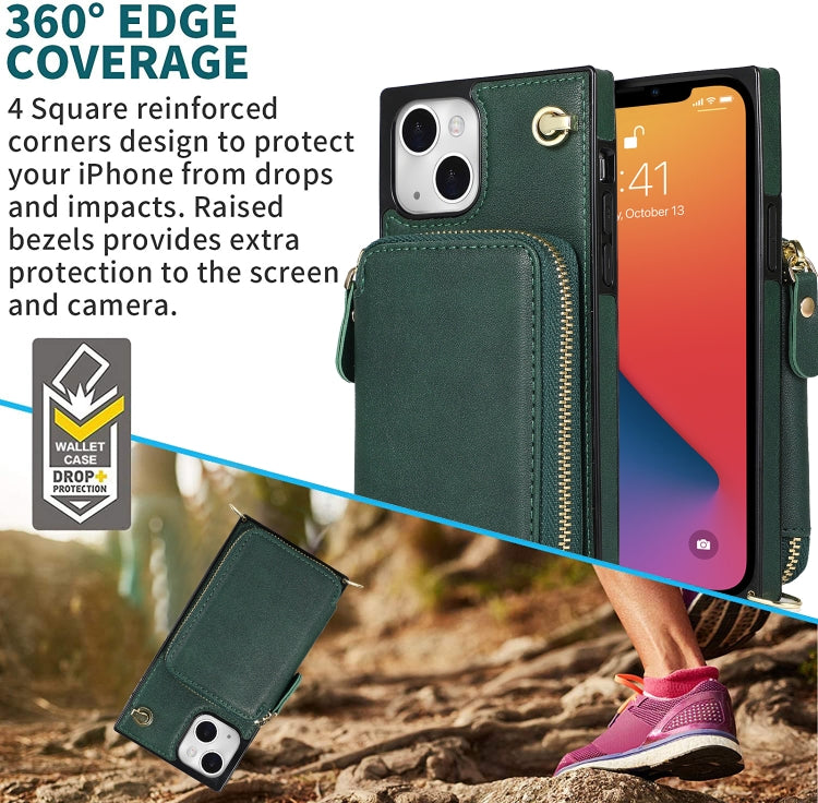 For iPhone 13 Cross-body Zipper Big Wallet Bag Square TPU + PU Back Phone Case with Holder