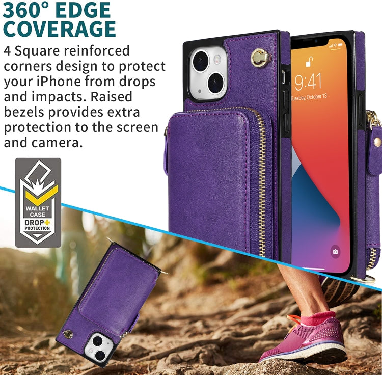 For iPhone 13 Cross-body Zipper Big Wallet Bag Square TPU + PU Back Phone Case with Holder