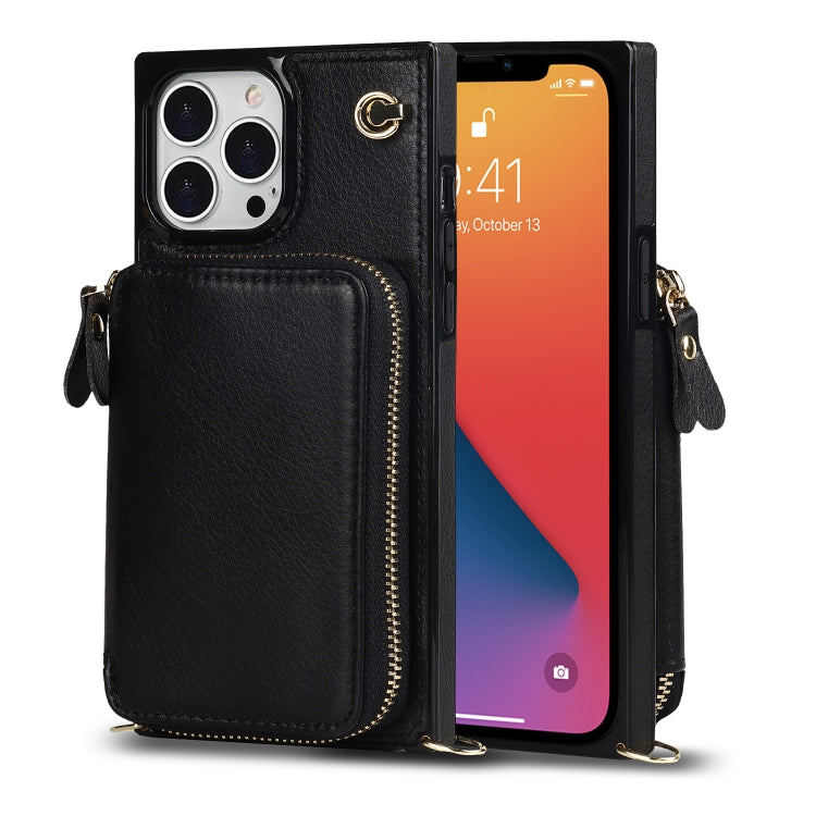 For iPhone 13 Pro Cross-body Zipper Big Wallet Bag Square TPU + PU Back Phone Case with Holder