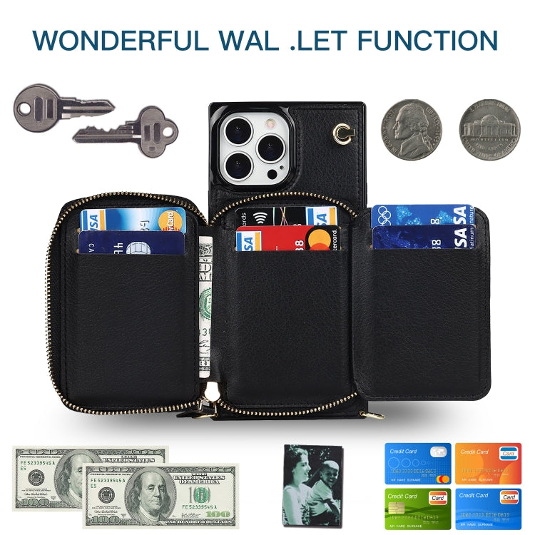 For iPhone 13 Pro Cross-body Zipper Big Wallet Bag Square TPU + PU Back Phone Case with Holder