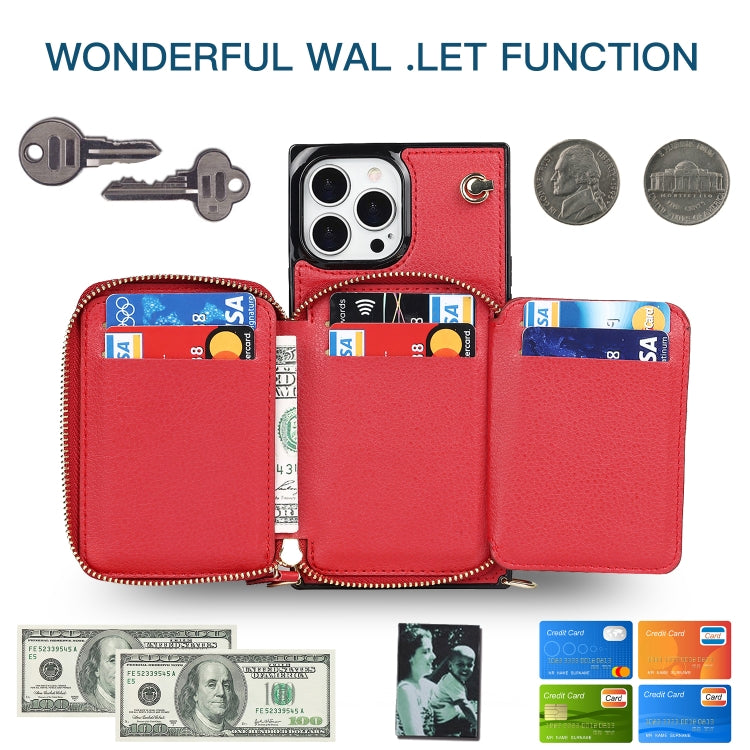 For iPhone 13 Pro Cross-body Zipper Big Wallet Bag Square TPU + PU Back Phone Case with Holder