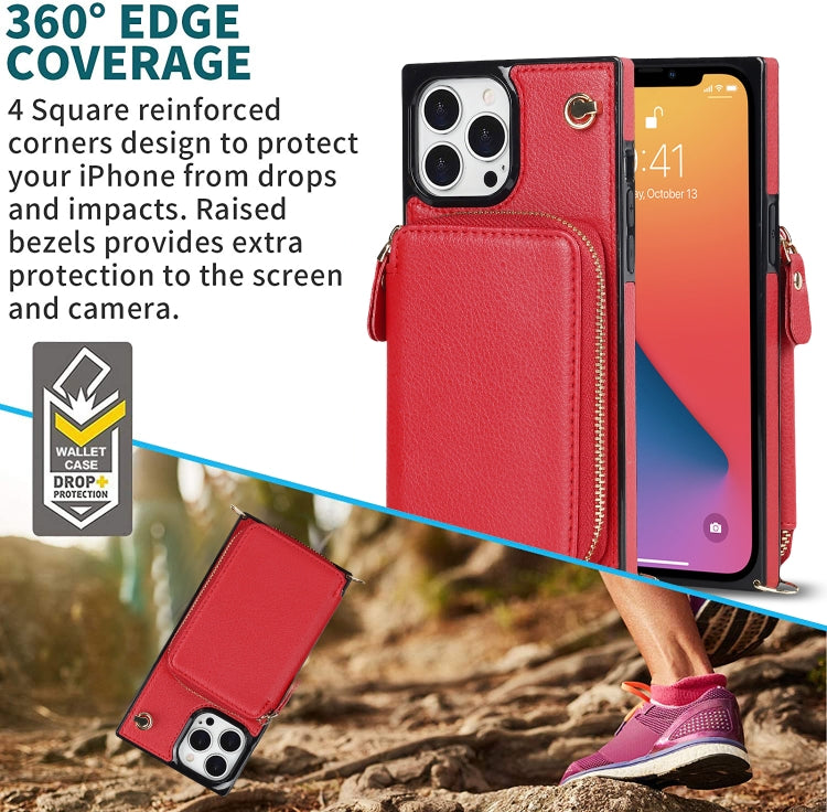 For iPhone 13 Pro Cross-body Zipper Big Wallet Bag Square TPU + PU Back Phone Case with Holder