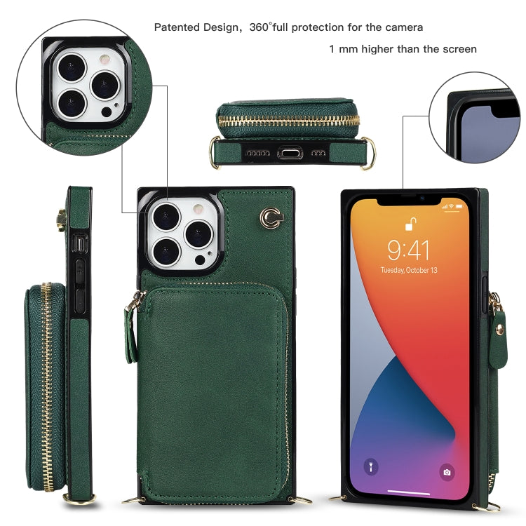 For iPhone 13 Pro Cross-body Zipper Big Wallet Bag Square TPU + PU Back Phone Case with Holder