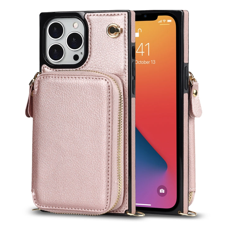 For iPhone 13 Pro Cross-body Zipper Big Wallet Bag Square TPU + PU Back Phone Case with Holder
