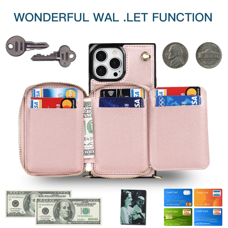 For iPhone 13 Pro Cross-body Zipper Big Wallet Bag Square TPU + PU Back Phone Case with Holder