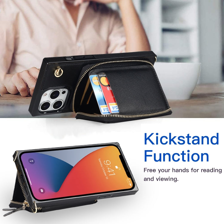 For iPhone 13 Pro Max Cross-body Zipper Big Wallet Bag Square TPU + PU Back Phone Case with Holder