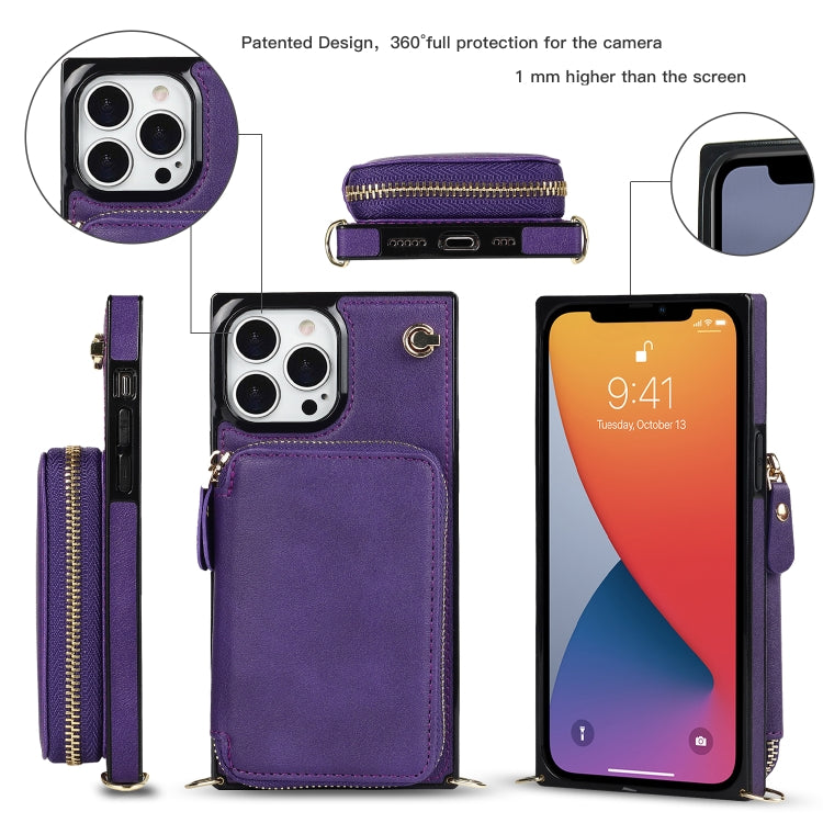 For iPhone 13 Pro Max Cross-body Zipper Big Wallet Bag Square TPU + PU Back Phone Case with Holder