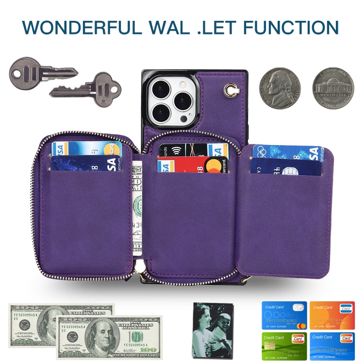 For iPhone 13 Pro Max Cross-body Zipper Big Wallet Bag Square TPU + PU Back Phone Case with Holder